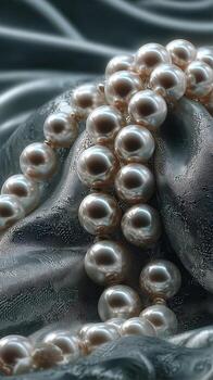 Elegant pearl necklace draped on luxurious fabric with soft folds highlighting its shine and texture in natural light photo
