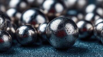 Shiny metallic spheres scattered on a dark surface create an intriguing abstract design photo