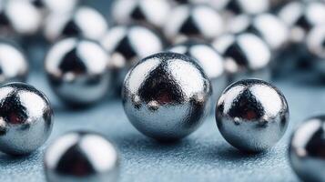 Reflective silver balls scattered on a textured surface, showcasing their shiny surfaces and varying sizes during a close-up view photo