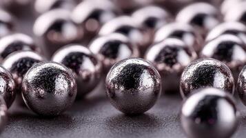 Reflective metal balls scattered on a dark surface create an intriguing visual display photo