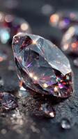 Sparkling crystal gem on a textured surface reflecting colorful light patterns in a close-up view photo