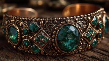 Intricate antique bracelet featuring emerald-like stones displayed on rustic wooden surface photo