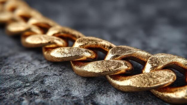 Close-up view of a golden chain on a textured surface showcasing intricate links in bright lighting photo