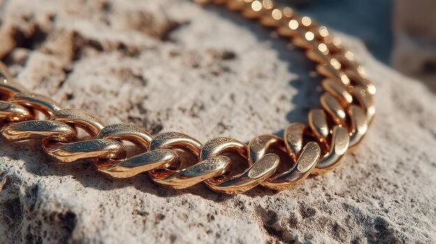 Elegant gold chain necklace resting on rugged stone surface in natural light showcasing intricate design and craftsmanship photo