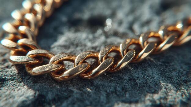 Close-up view of a shiny gold chain resting on a textured surface under bright sunlight photo