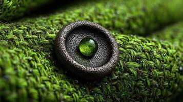 Detailed close-up of a textured green fabric showcasing a metal button with a circular glass embellishment photo