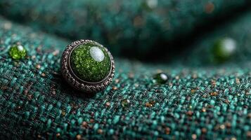 Close-up of a green gemstone button on textured fabric during an afternoon light setup photo