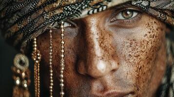 Intricate portrait of an artisan wearing traditional headwear showcasing detailed facial embellishments photo