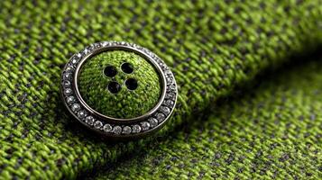 Close-up of a decorative button on a vibrant green fabric showcasing intricate details and craftsmanship photo