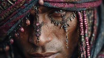Intricate tribal face adornment captured in a close-up portrait highlighting cultural expression and detailed craftsmanship photo
