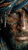 Portrait of a man adorned with intricate jewelry and face paint during a cultural festival in a vibrant marketplace photo