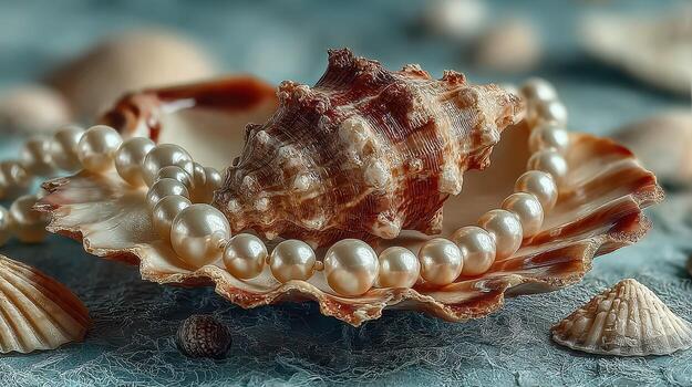 Exquisite pearls resting elegantly on a sea shell amidst a tranquil coastal setting photo
