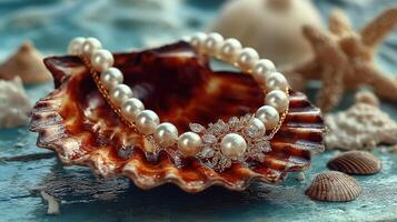 Elegant pearl necklace displayed on a seashell with marine decorations on a coastal setting photo