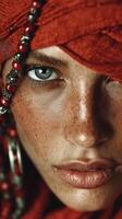 Captivating portrait of a woman with striking blue eyes and bold red attire showcasing cultural heritage photo