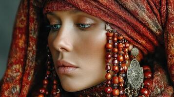 Portrait of a woman in traditional attire adorned with colorful accessories and intricate jewelry photo