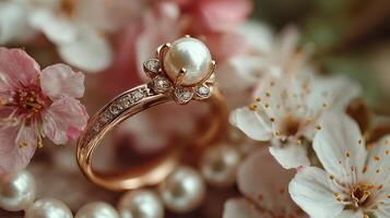 Elegant pearl ring surrounded by delicate flowers and pearls on a soft background photo