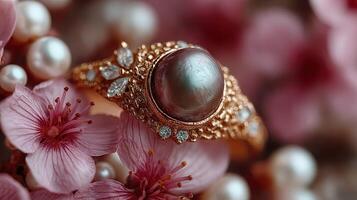 Unique vintage ring with pearl centerpiece surrounded by delicate pink flowers and pearls photo