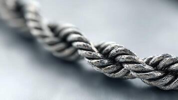 Close-up view of a silver metal rope showcasing intricate twisted details and texture under soft lighting photo