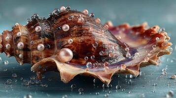 Shell with pearls and water droplets resting on a smooth surface in natural light showcasing marine beauty photo
