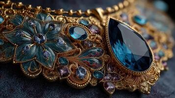 Intricate handmade jewelry features blue gemstones and floral designs on a detailed background photo
