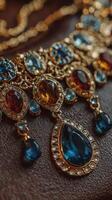 Elegant vintage jewelry display featuring intricate designs with colorful gemstones in a soft lighting setting photo