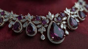 Elegant necklace featuring purple gemstones and intricate silver detailing set against a rich fabric background photo