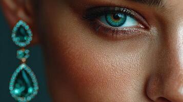 Close-up of an elegant model showcasing striking turquoise eye and intricate earrings during a fashion shoot photo
