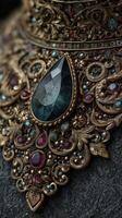 Intricate craftsmanship showcases a jewel-adorned ornament with detailed metalwork and vibrant gemstones in a close-up focus photo