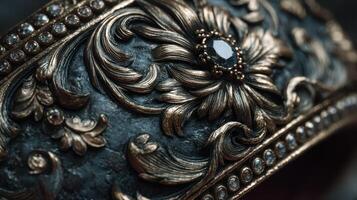 Intricately designed vintage jewelry bracelet with floral patterns and gems on a dark background photo