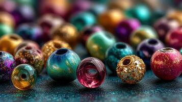 Colorful variety of decorative beads arranged on a textured surface for crafting and jewelry making photo