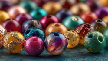 Colorful beads on a wooden surface create an artistic arrangement for crafting or decorating projects in bright hues and varied designs photo
