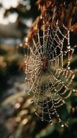 Intricate spider web adorned with dew drops in a serene garden at dawn photo