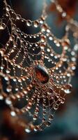 Intricate spider web adorned with glistening droplets captured during early morning light in a serene outdoor setting photo