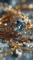 Elegant gold ring with sparkling diamond centerpiece surrounded by intricate jewelry details photo