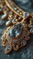 Intricate golden jewelry with sparkling blue gemstones displayed on textured fabric photo