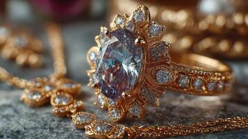 Elegant golden jewelry set featuring a large oval diamond ring and sparkling necklace on a textured surface photo