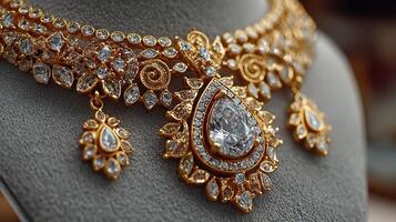 Intricate gold necklace with sparkling gemstones displayed on a jewelry stand in a boutique photo