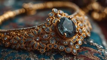 Intricate golden bracelet with gemstones displayed on ornate fabric in a soft light photo