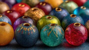 Colorful glass beads arranged artistically on a surface showcasing intricate designs in vibrant hues during daylight photo