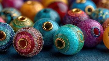Colorful decorative beads arranged artfully on a textured surface showcasing intricate designs and vibrant hues photo