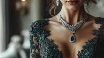 Elegant woman showcasing luxurious jewelry in a sophisticated indoor setting during a gala evening photo