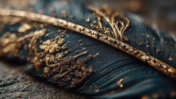 Decorative feather with intricate gold detailing resting on textured surface photo