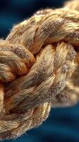 Detail of intertwined golden rope demonstrating craftsmanship and texture against a blurred blue background photo