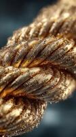 Detailed view of intertwined metallic strands creating an intricate, golden rope structure with a soft background photo