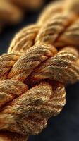 Close-up view of a braided golden rope exhibiting intricate texture and shine in soft lighting photo