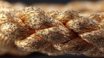 Close view of a golden woven rope showcasing intricate details and textures in a well-lit setting photo