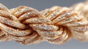 Detailed close-up of a golden rope knot showcasing intricate weaving and texture in a neutral background setting photo