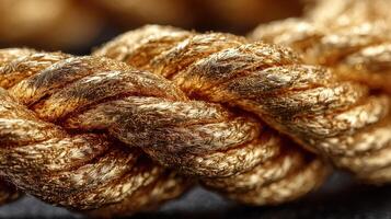 Golden rope fibers intertwined showcasing intricate texture and shine in close-up view on a dark background photo