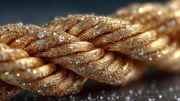 Detailed close-up of a golden decorative rope with sparkling elements on a dark background showcasing intricate craftsmanship photo