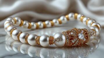 Elegant pearl necklace with gold accents displayed on reflective surface photo